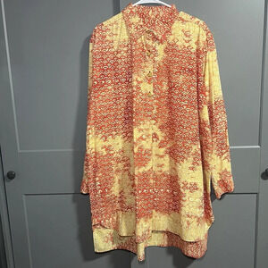 Peter Lai Long Sleeve Button Henley Tunic Top Pockets Artsy Multicolor One Size